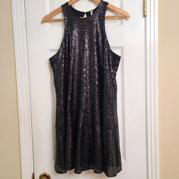 Free People Black Liquid Shine All Over Sequin Mini Dress Cocktail Party Size S - Picture 1 of 11